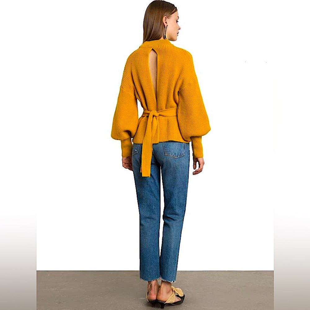 PIXIE MARKET Laurel Mustard Open Back Belted Sweater